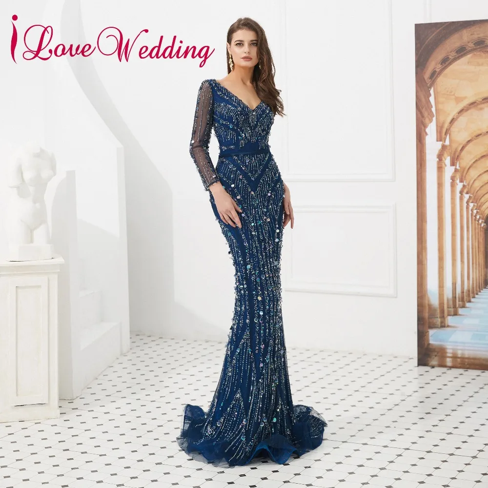 ILoveWedding 2019 роскошные темно одежда с длинным рукавом торжественное платье Sexy V образным вырезом Кристалл бисером элегантные длинные вечерние