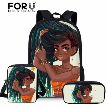 

FORUDESIGNS Kids Girl Backpack Black Queen African Seven Backpack School Bags For Girls School Backpack Girl 3Pcs/Set School Bag