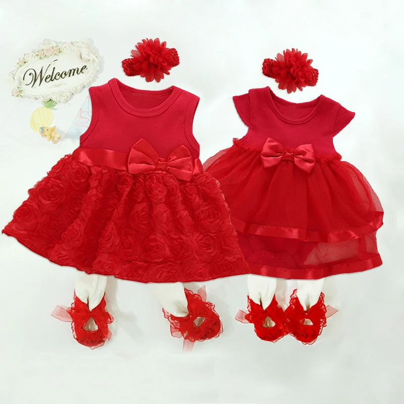 Baby Girls Dress Summer Headband Shoes Set 1st Birthday Dress for Baby Girl Ball Gowns Baby Princess Clothes Red Girls Bow Dress