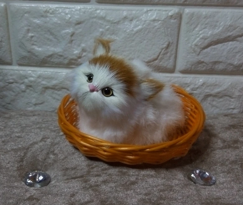 

about 12x10cm white cat with basket, model, polyethylene&furs handicraft Figurines home decoration toy gift a2786