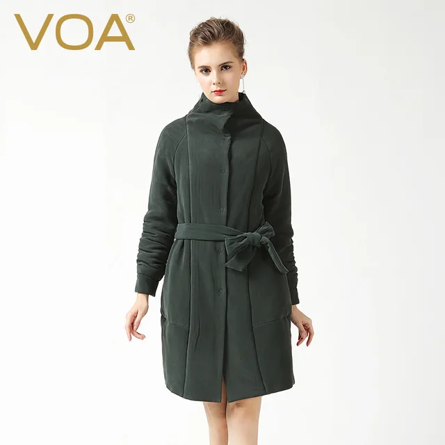 Cheap VOA  long adiustable waist heavy silk parkas new  dark green pleated Slim female long-sleeved cotton silk coats M6156