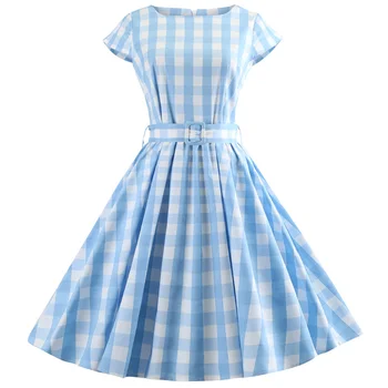 

Plus Size Women Summer Vintage Hepburn Dress Cotton Blue Plaid Gingham Casual Office Retro Dress Belt Tunic 50s Party Vestidos
