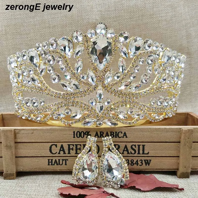 Luxury-Large-Wedding-Pageant-gold-Tiara-crown-with-earring-matching-Crystal-Bridal-pageant-Crowand-tiaras