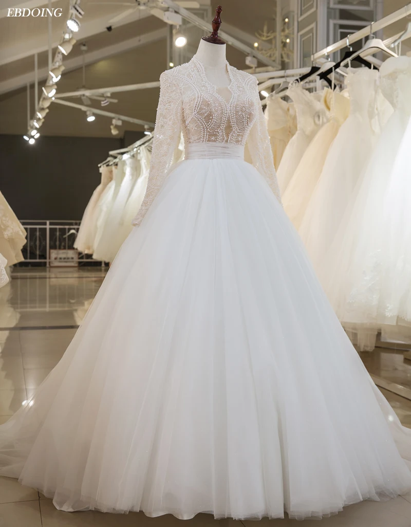 

Real Photo Vestidos De Novia Ball Gown Wedding Dress V-neck Neckline Full Sleeves Court Train Plus Size With Lace Beading