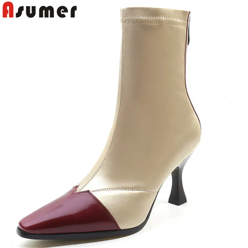 

ASUMER 2018 fashion autumn shoes woman square toe genuine leather+Elastic cloth ankle boots high heel ladies boots bigsize
