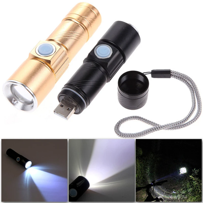 

USB Handy Mini LED Torch usb Flash Light Bike Pocket Rechargeable Flashlight 3 Modes Zoomable Lamp For Hunting Black/Gold