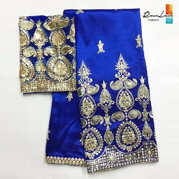 

Royal Blue African George Lace Fabric With Blouse Gold Sequined Embroidered Guipure George Silk Lace Wedding Dresses Material
