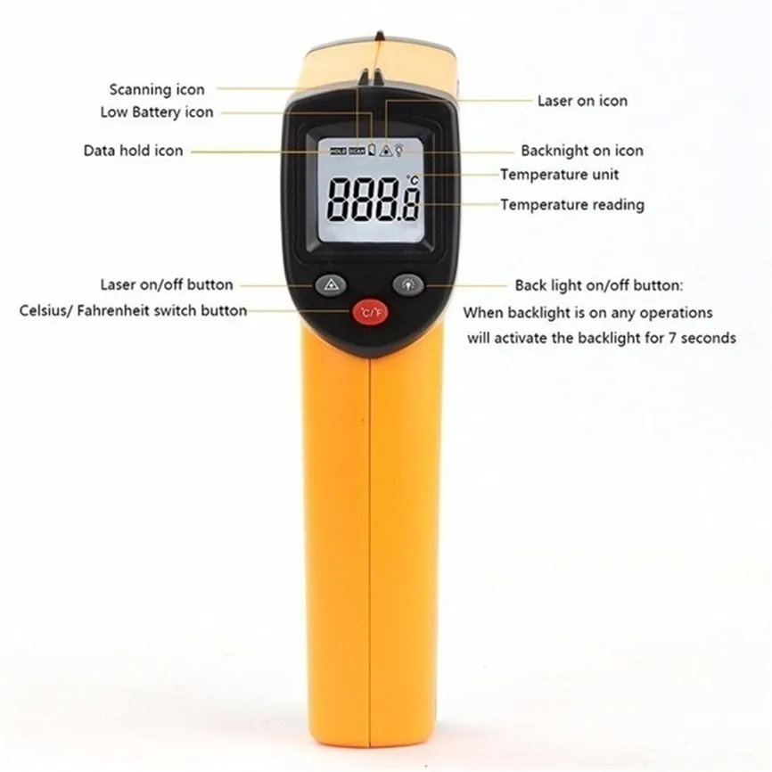 Termometro цифровой Бесконтактный лазерный ЖК-дисплей ИК инфракрасный C/F выбор температуры поверхности термометр пирометр детектор