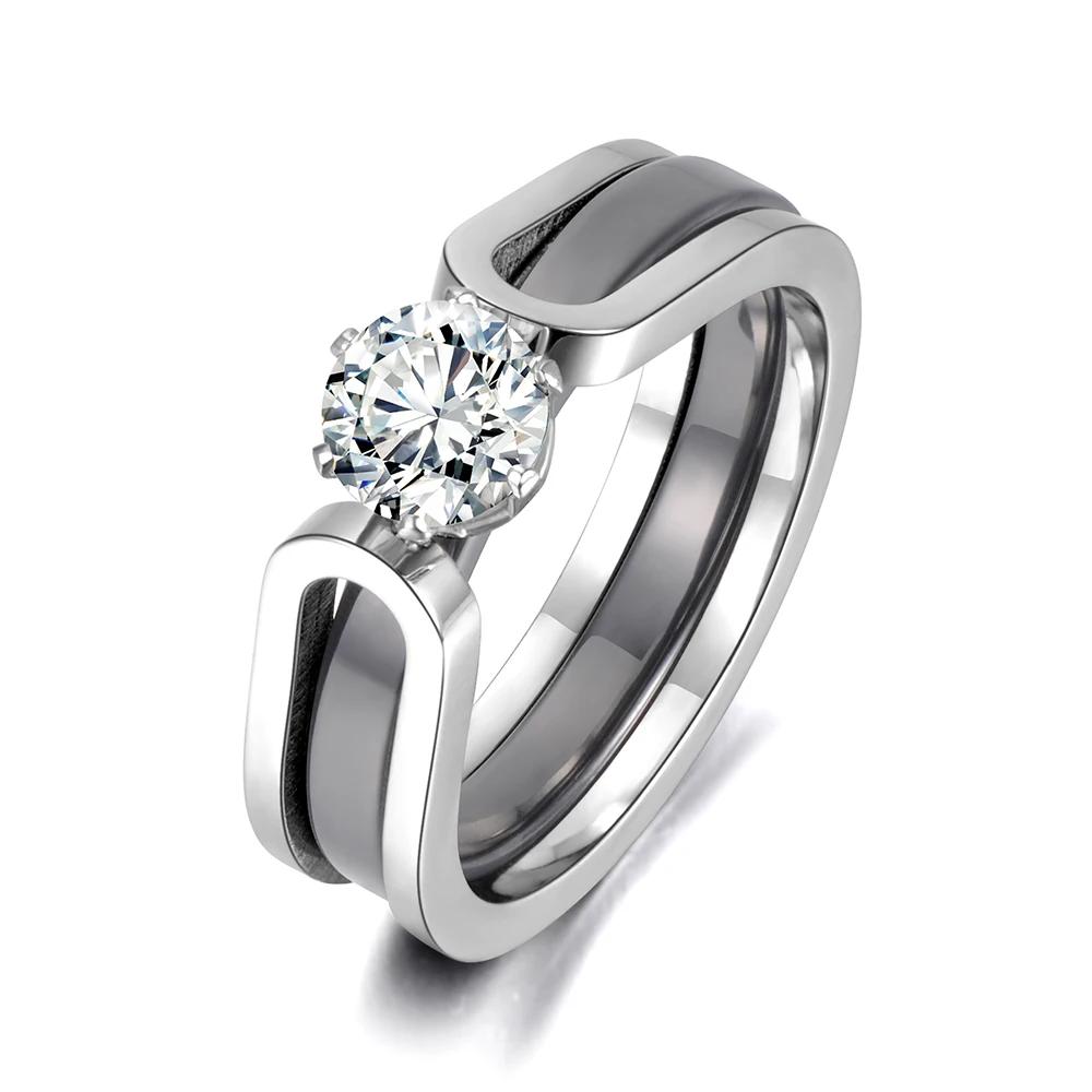 AENINE 2 в 1, черный/белый керамический Кристалл, свадебные кольца, ювелирные изделия для женщин, AAA кубический цирконий, нержавеющая сталь, обручальное кольцо AR18071 - Цвет основного камня: Black