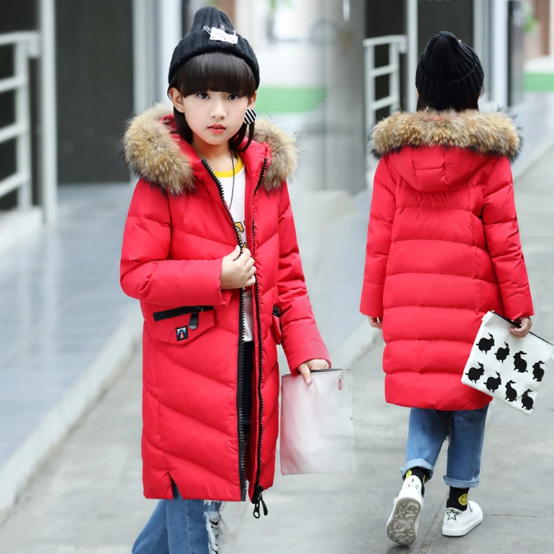 

2017 Girls Winter Solid Color Down Jacket Parkas Children Thickening Warm Jackets Girls Long Section Hooded Fur Collar Coats