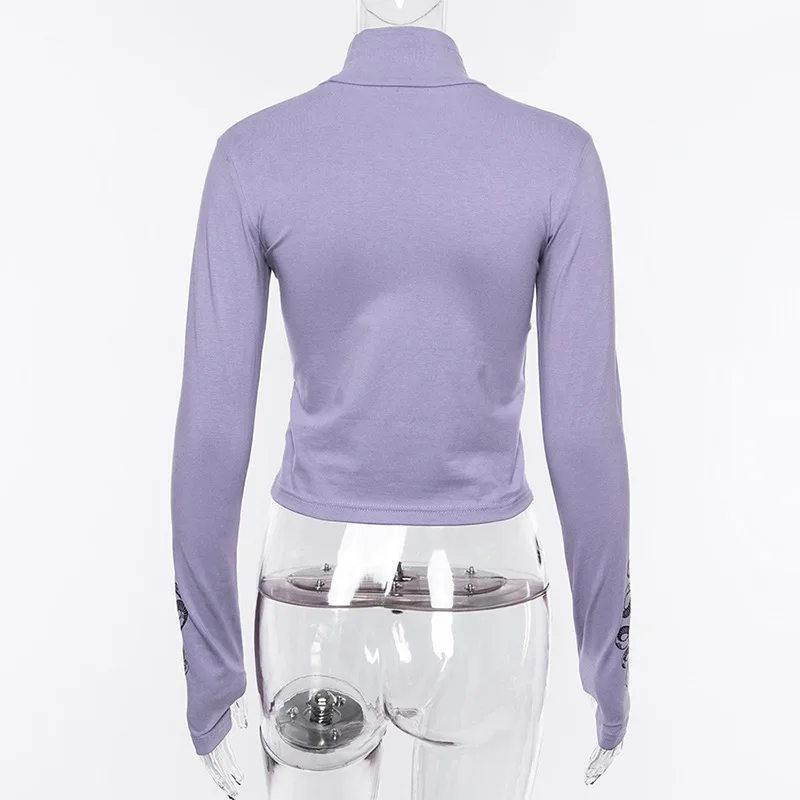 Cryptographic purple long sleeve tee shirt femme slim fit turtleneck women tops autumn casual streetwear tee shirt women clothes