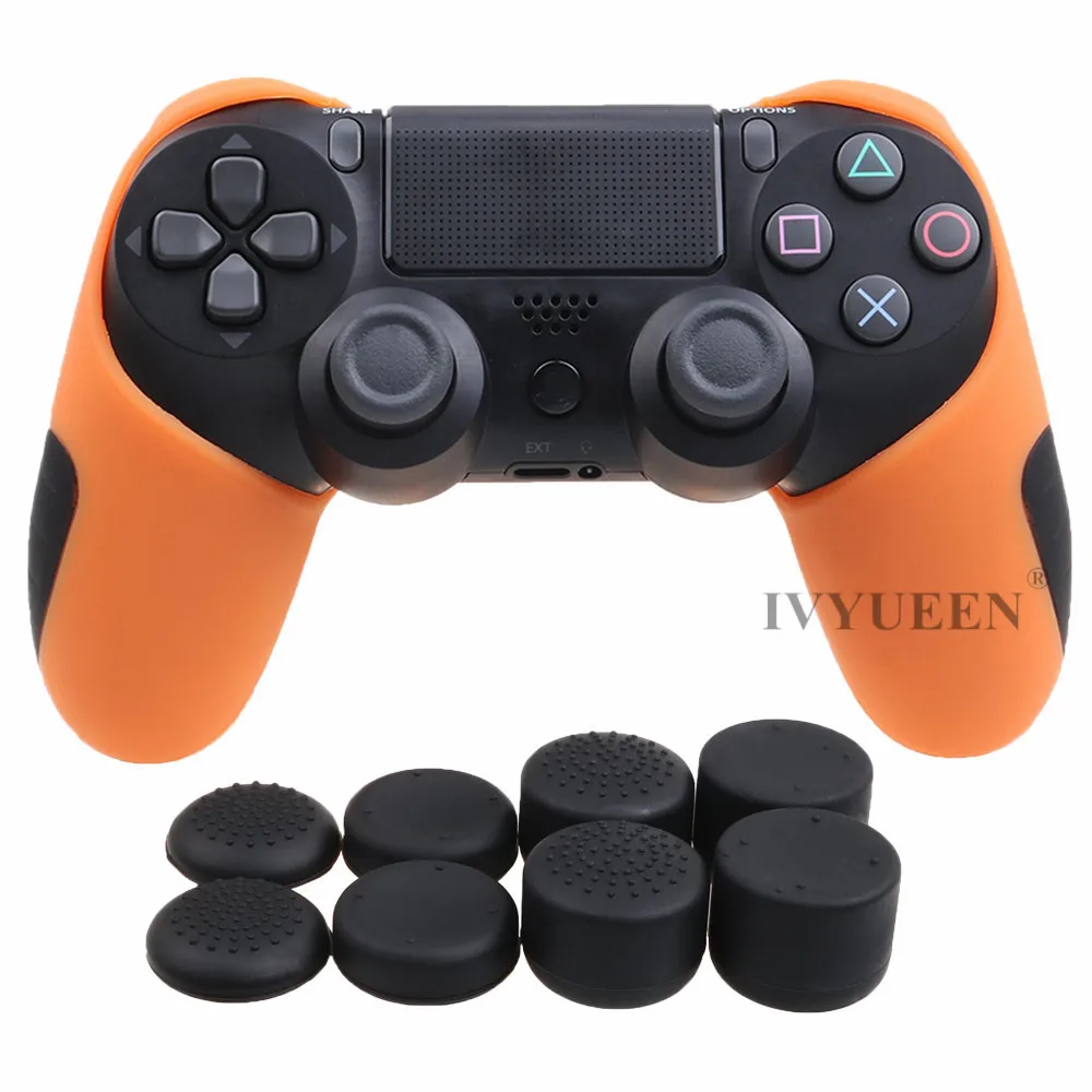 IVYUEEN Толстая Половина кожи для playstation Dualshock 4 PS4 Pro тонкий контроллер силиконовый чехол с 8 колпачками - Цвет: Оранжевый