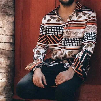 

men shirt streetwear shirt hawaiian shirt Long Sleeve Polka Dot Striped Print Vintage Fashion Casual Shirt free shipping D4