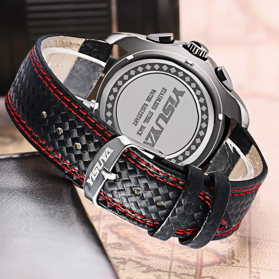 YISUYA Mens Watch Chronograph Military Pilot Sport Quartz-watch Red Snitch Date Day Calendar Mans Wristwatch Relogio Masculino (13)