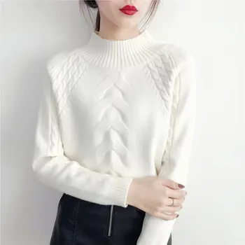 

White sweater 2020 autumn and winter, candy, color, new style, warm, loose, sleeved, half high necked sweater.