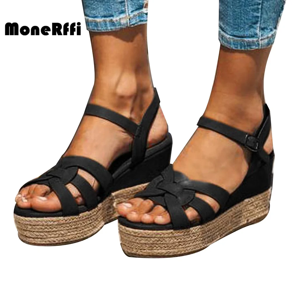

MoneRffi Wedges Sandals Shoes For Women Leather High Heels Sandals Summer 2019 Chaussures Femme Platform Sandals Plus Size 35-43