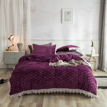 

Purple Blue Pink Gray Winter Thick Flannel Bedding set Fleece Fabric Lace Duvet cover Bed Sheet/Linen Pillowcase Queen King 4pcs