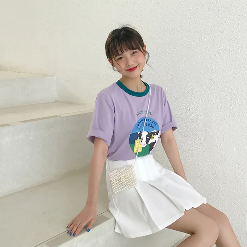 

2 colors summer cropped tops for womens 2019 preppy style short sleeve cartoon print t-shirts womens tee shirt femme (F3718)