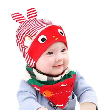 

2Pcs Cotton Baby Hat + Scarf Set Cartoon Cute Baby Hat Triangle Scarf Rabbit Ears Toddler Caps Spring Autumn Baby Girls Clothing
