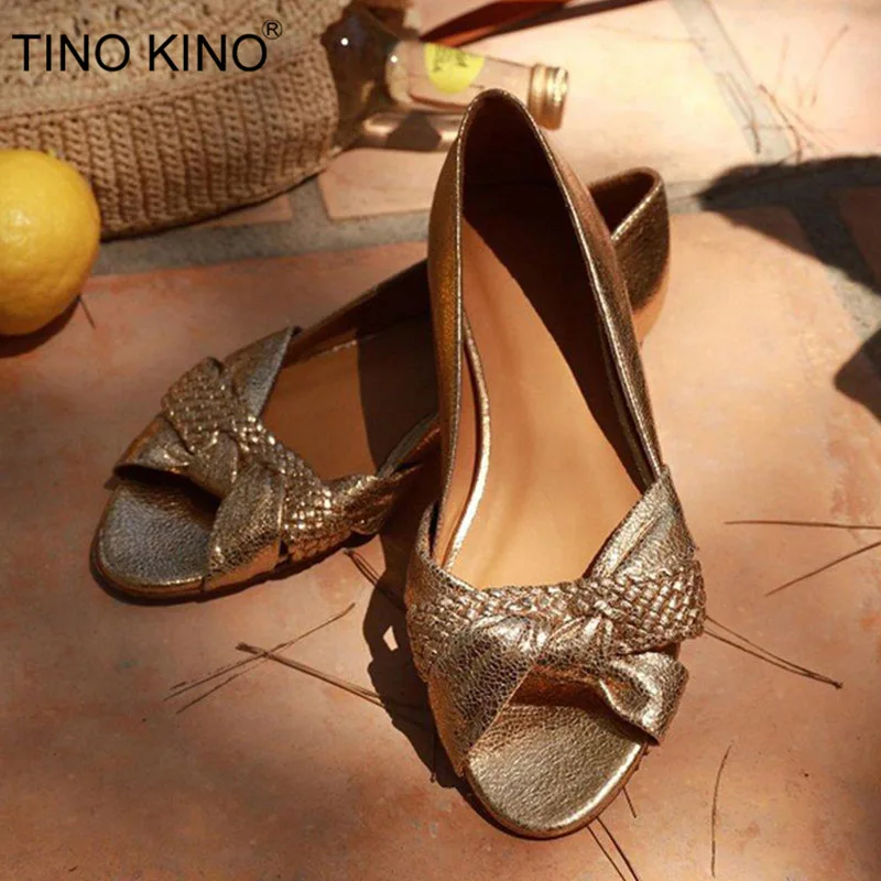

TINO KINO Women Peep Toe Flat Shoes Leather Slip On Ladies Hollow Weaving Soft Casual Female Comfortable Shoes Fashion