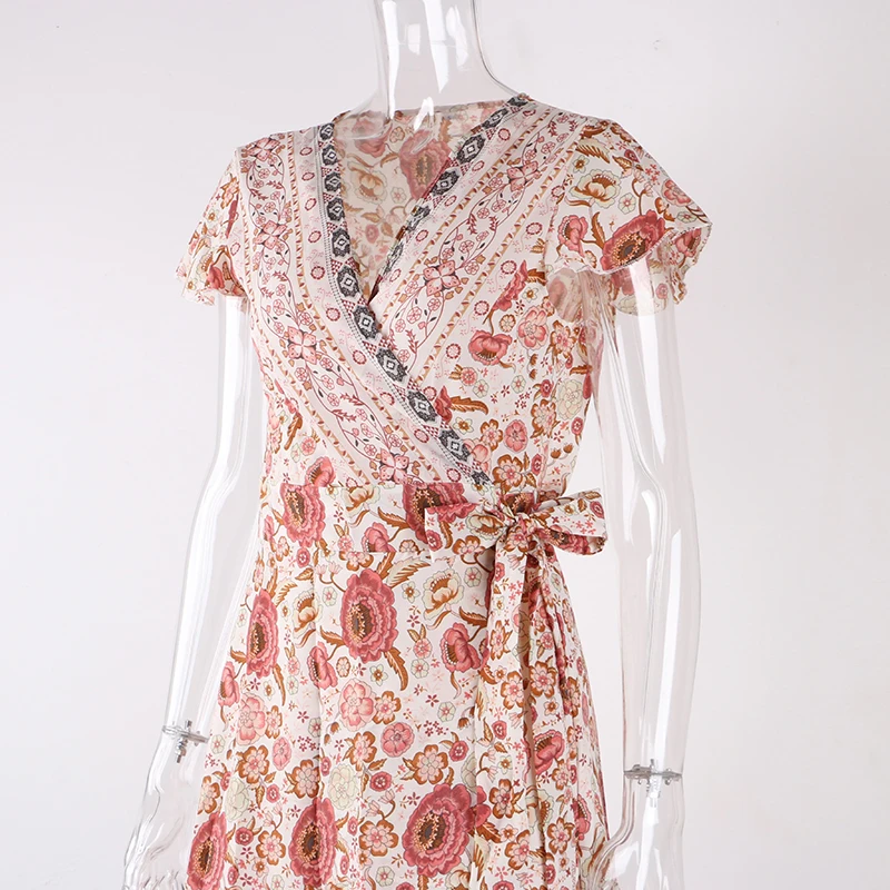 Nadafair Boho цветочное женское Макси платье с v-образным вырезом Сплит пляжное сексуальное длинное платье с поясом элегантные вечерние летние платья vestidos robe Femme