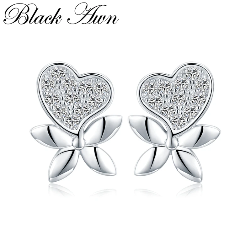 

Black Awn Romantic 2.4g 925 Sterling Silver Jewelry Natural Heart Party Stud Earrings for Women Bijoux II127