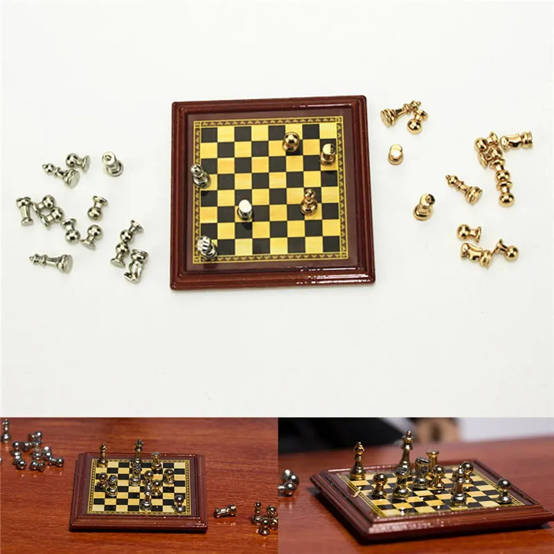 

1:12 Scale Dollhouse Miniature Metal Chess Set Board Toys Chess Games Home Room Dollhouse Toy Set Table Games For Children Kids