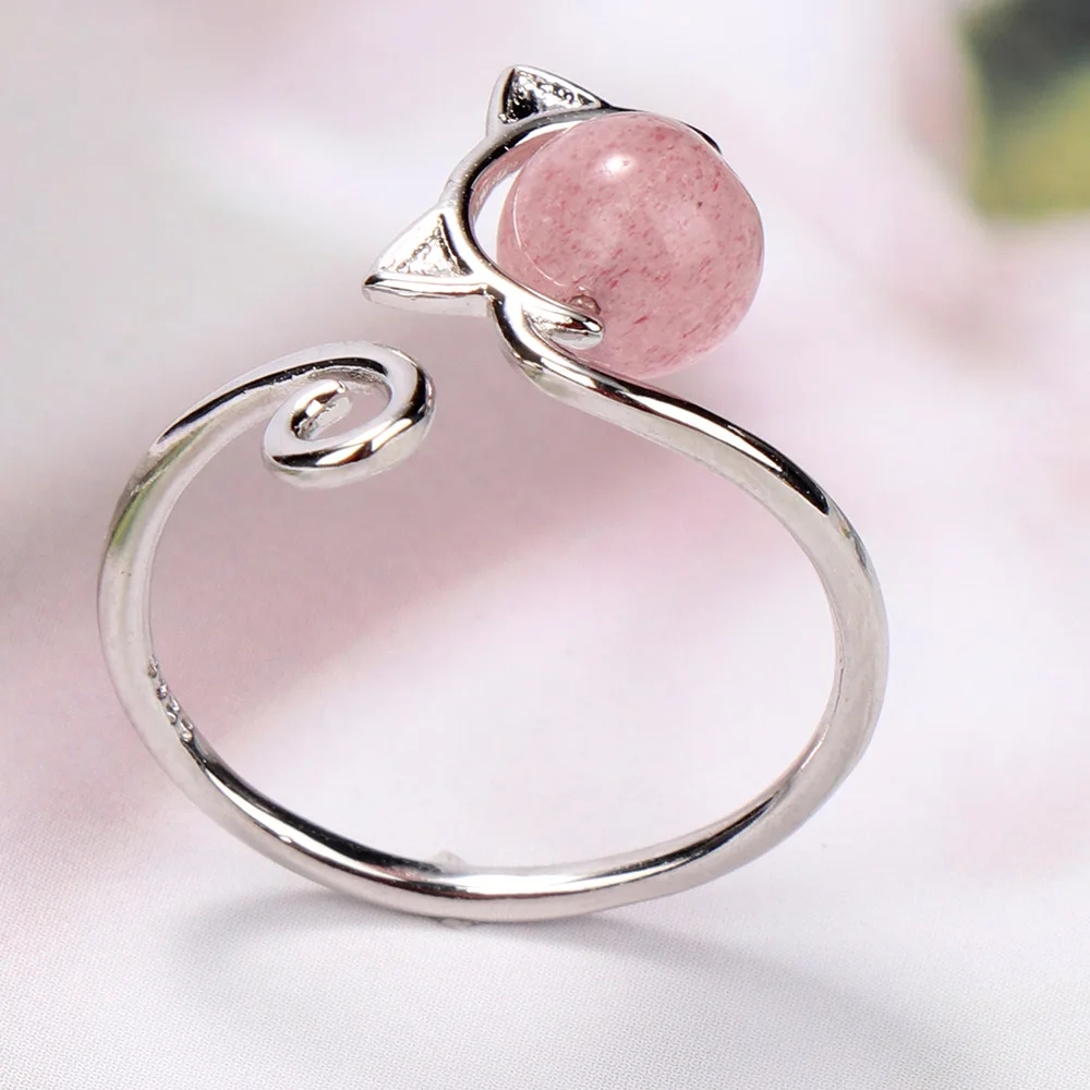 

Cute Cat Crystal Opening Ring For Women Jewelry Silver Adjustable Rings For Women Female Gifts Strawberry Wedding Promise Rings