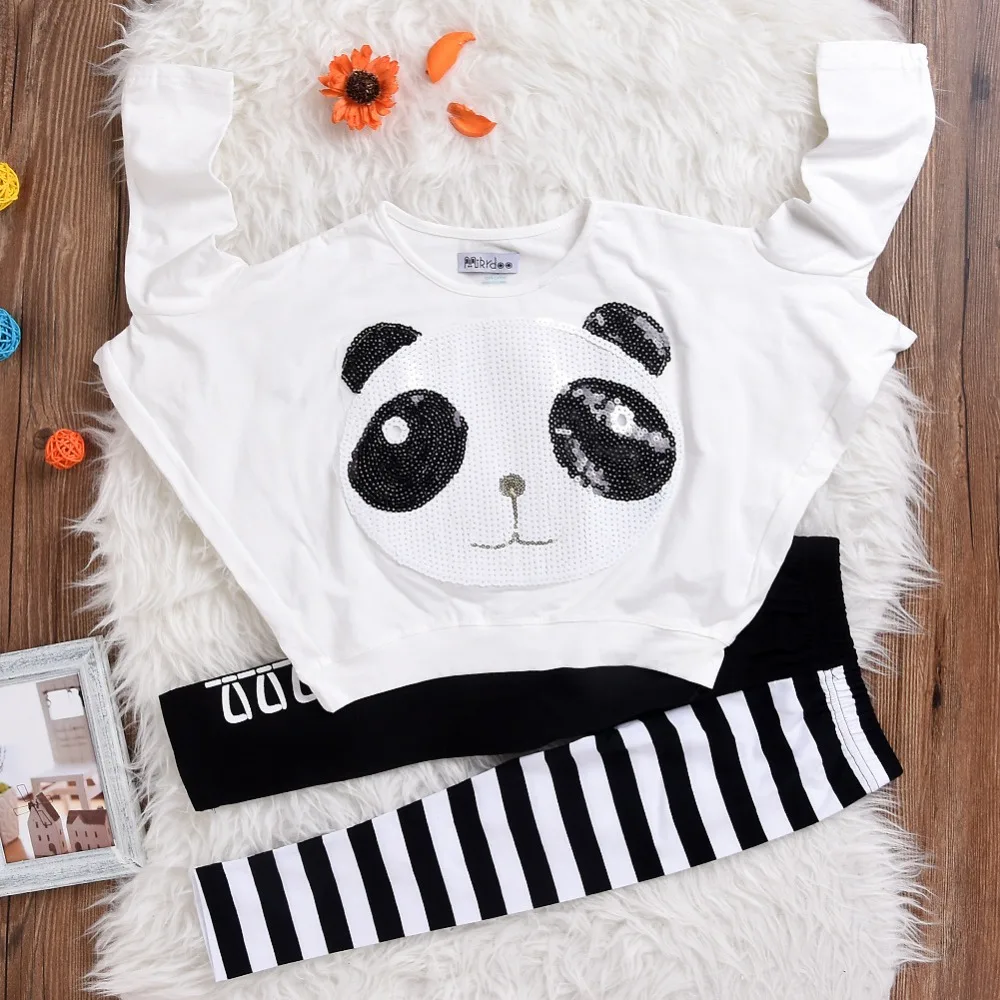 Комплект одежды для маленьких девочек Футболка с рисунком панды с блестками+ штаны в полоску комплект из 2 предметов, весенне-осенний костюм с рукавами «летучая мышь» От 3 до 8 лет