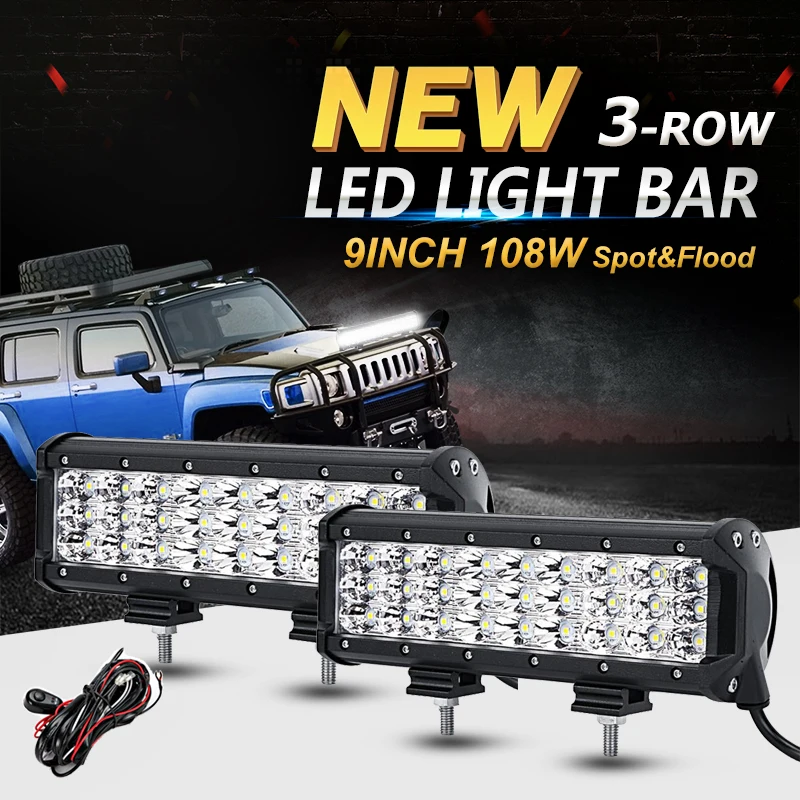 Oslamp 2PCS 9 108W 3-Row CREE Chips LED Offroad Light Bar Driving Lamp Combo Beam Led Work Lights 12v 24v Truck SUV ATV 4x4 4WD oslamp 32 300w cree chips led work light bar offroad led bar lights combo beam led driving lamp for truck suv 4x4 4wd 12v 24v