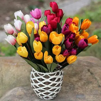 New 1 Bouquet 9 Heads Fake Tulip Artificial Flowers Real Touch Silk Tulip Flowers for Home Office Wedding Decor