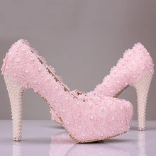 Free Shipping Pink Lace Flower Wedding Shoes Cheap Bridesmaid Shoes Woman Formal Dress Shoes Wedding Pumps