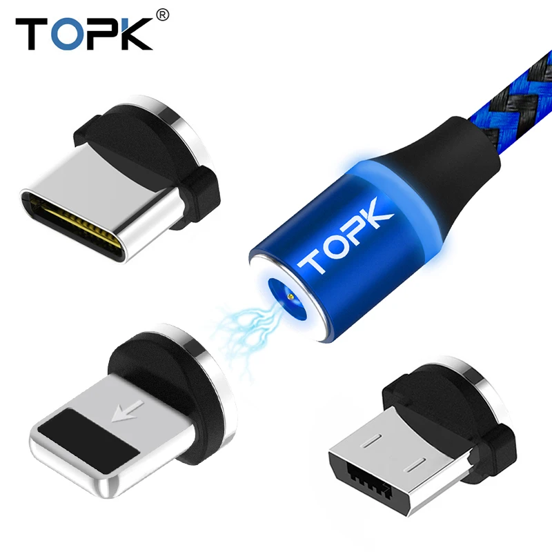 TOPK R-Line3 LED magnético Cable para iPhone 7 6X8 SE iPad de Nylon trenzado de Cable USB a Micro USB y USB cable de tipo C para Samsung Xiaomi