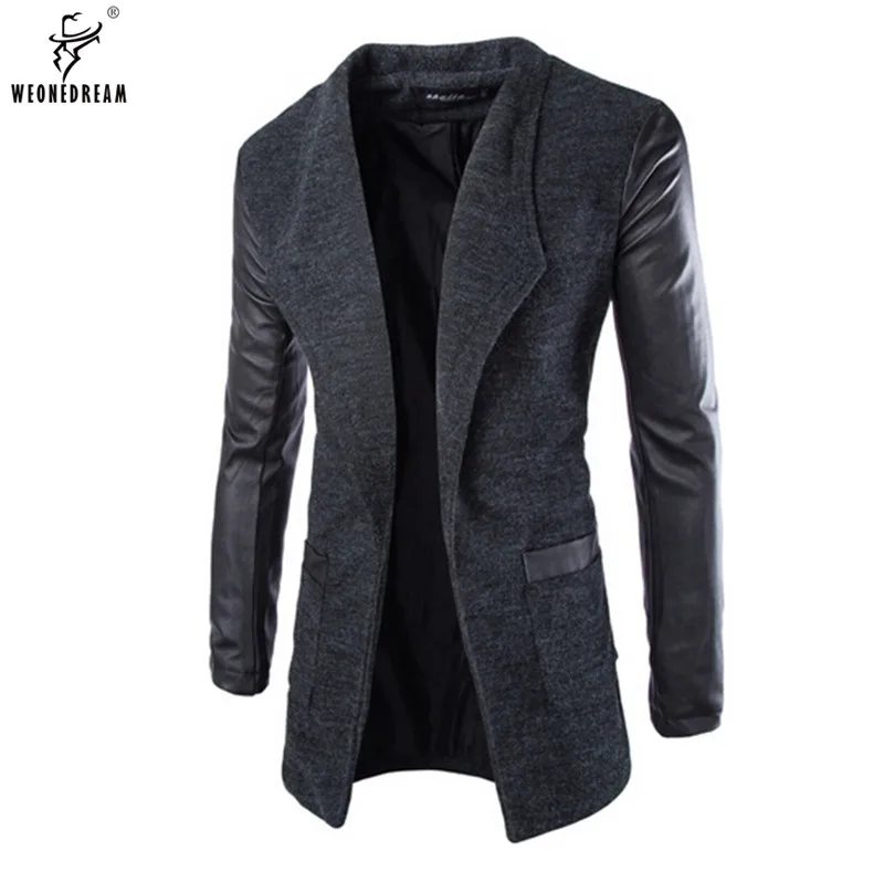 

WEONEDREAM New Jacket Wool Leather Spliced Slim Fashion Mens Long Trench Coat Europe Trenchcoat Jacket Male Coat Trench M-2XL