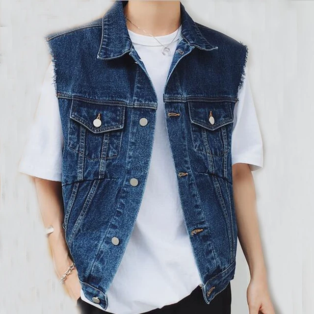 Men's Blue Denim Vest Brand Loose Rough Waistcoat Men Sleevless Jeans