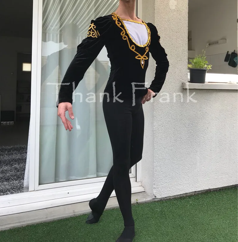 Для мальчиков принц Топ балетный индивидуальный заказ доступен для мужчин с длинным рукавом золотые блестки отделка танцевальный костюм C414