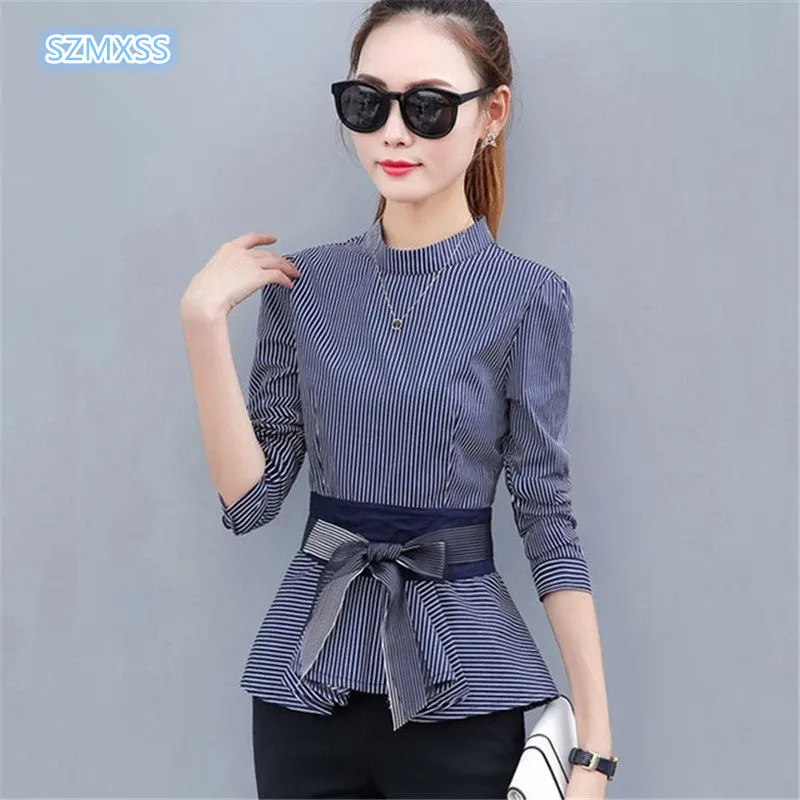 

2018 Newest Womens Peplum Tops Elegant Blue Striped Blouses Casual Bow Long Sleeve Rayas Shirts For Female Fashion Autumn Blusas