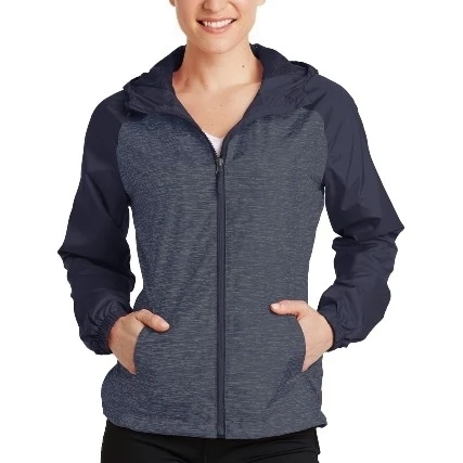 Sport-Tek LST40 Ladies Heather Colorblock Raglan Hooded Wind Jacket True Navy Heather & True Navy - Extra Large (1)
