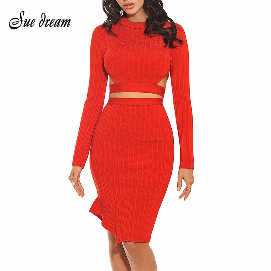 

2018 Sexy Bodycon Bandage Dress Long Sleeve O Neck Celebrity Party Red Hollow Out 2 Piece Dresses New Spring Women Dress Vestido