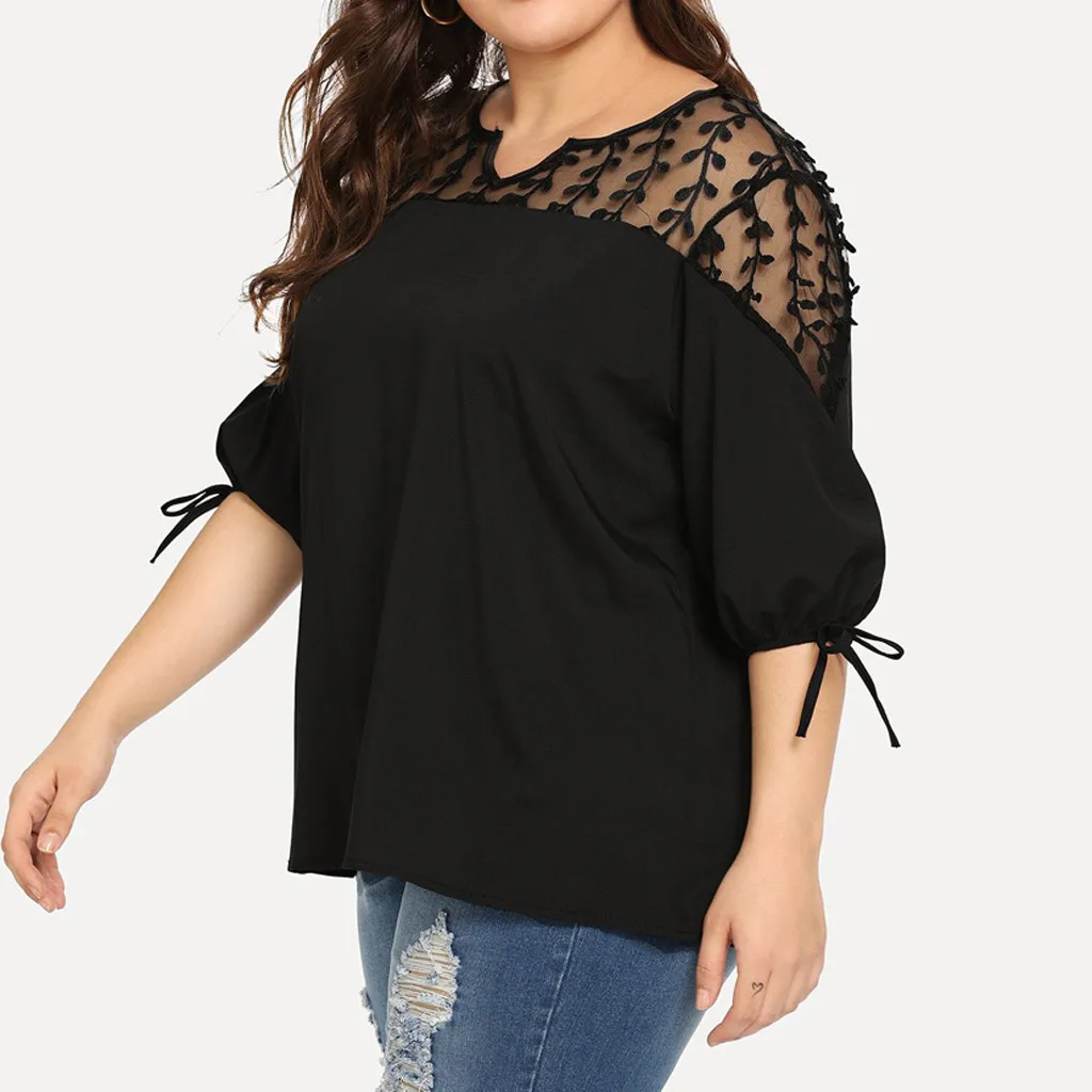 Plus Size Summer Fashion Casual Chiffon Tops Bow Blouse Mesh Tee Top Female Women's Half Sleeve Shirt  