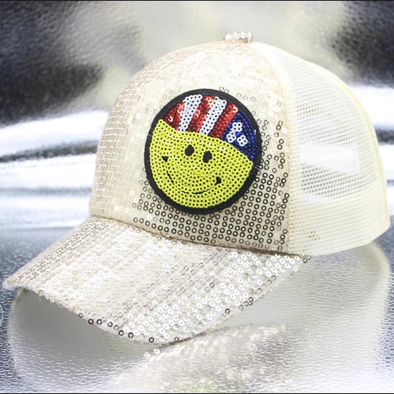 SUOGRY детская одежда в стиле хип-хоп, летняя кепка-бейсболка с блестками, смайлик facekids шляпа от солнца бейсболки эластичные для мальчиков и девочек из сетчатого материала Кепки s для От 2 до 8 лет