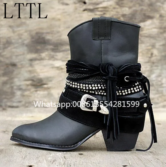 Real Genuine Leather Bling Chain Black Cool Fashion Fringe Med Spike Thick Heels Women Mid-Calf Winter Round Toe Short Booties