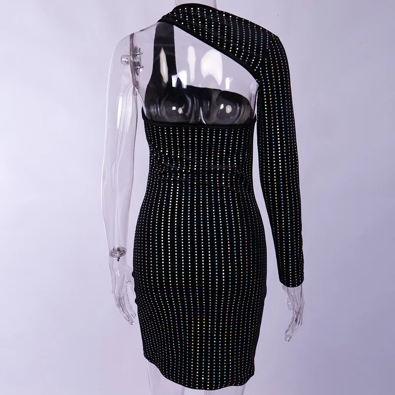 Один рукав выдалбливают платье на одно плечо спинки Dot Sequined Mini Dress