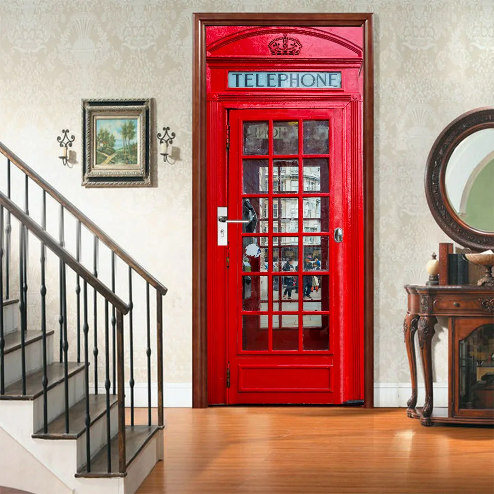 

3D Red Telephone Station Door Sticker DIY Home Decor Decals Self Adhesive On Door Waterproof Mural For Bedroom Door Renovation