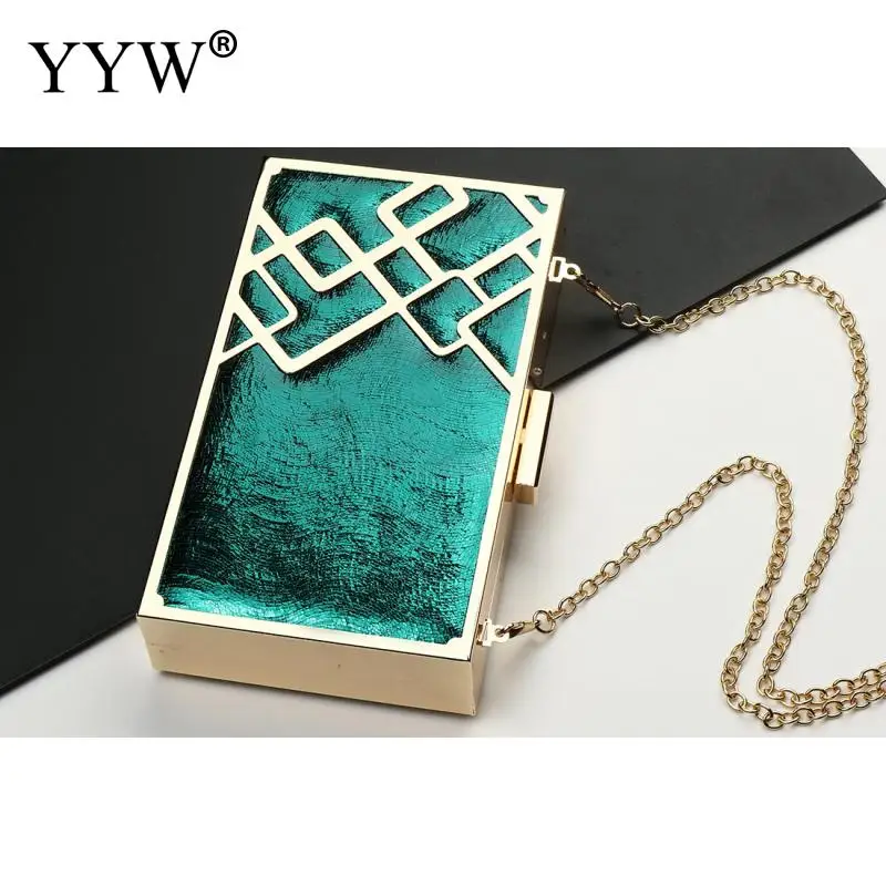 Flannelette Green Clutch Wedding Women Box Bag Gold Chain Geometric Zinc Alloy Christmas Evening Bags Female Party Clutch Gold