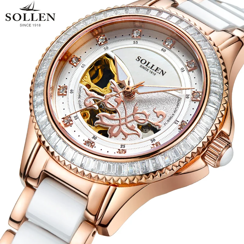 

SOLLEN Female Notes Rose Gold Automatic Self-Wind Mechanical Watches Women Genuine Leather Strap Skeleton Watch Fashion Ladies