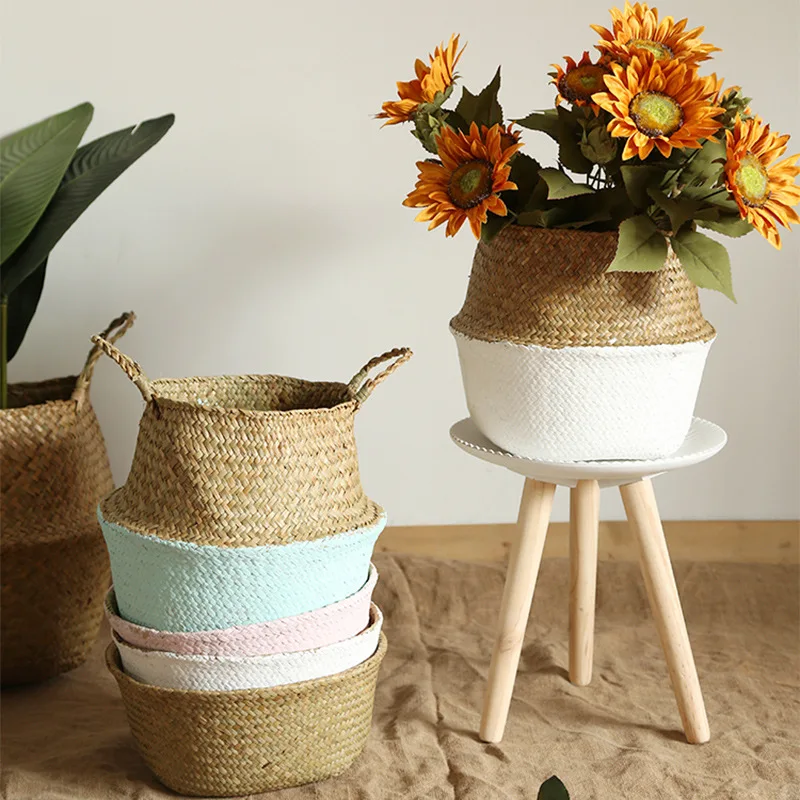 Garden Plant Flower Pot Handmade Rattan Storage Basket Foldable Seagrass Straw Hanging Woven Handle Toy Storage Container 1Pc