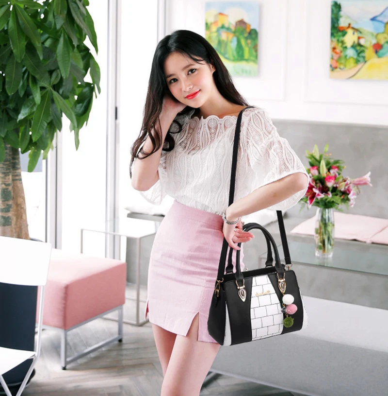 Women Handbags Luxury PU Leather Female Shoulder Bag Plaid Lady Crossbody Bag Large Capacity Hairball Pendant Tote Sac SS7050 (22)