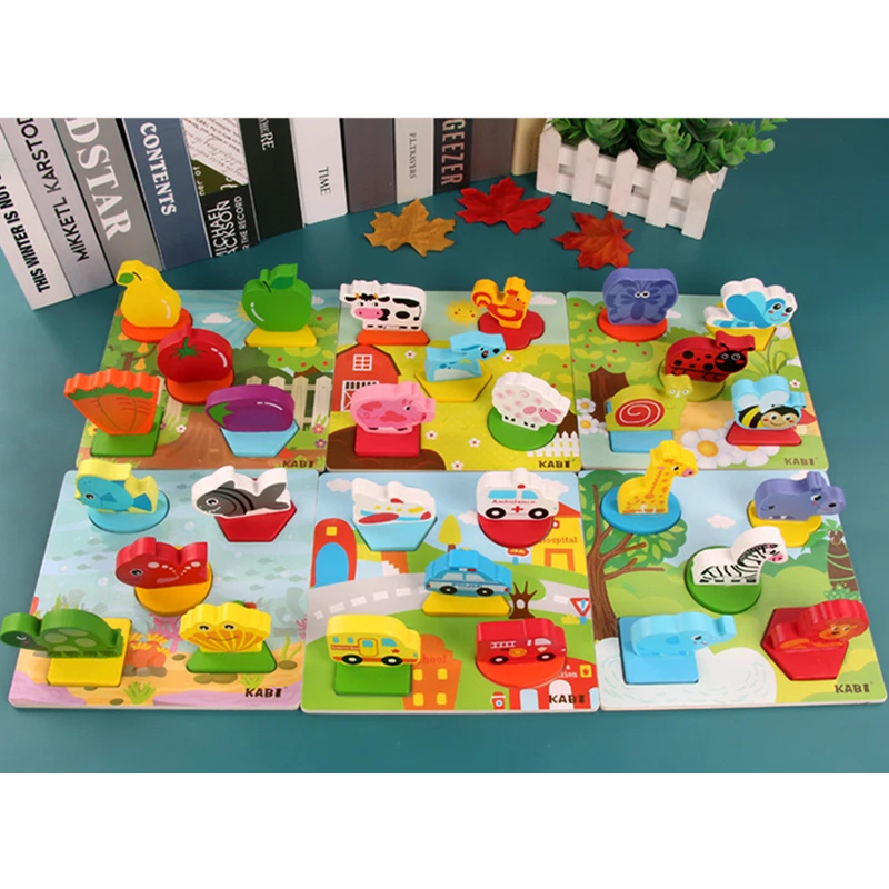 2018 New Wooden Toys Cartoon Animal Traffic 3D Puzzles Hand Grasping Board Kids Educational Toys for Children Gift Boys Girls