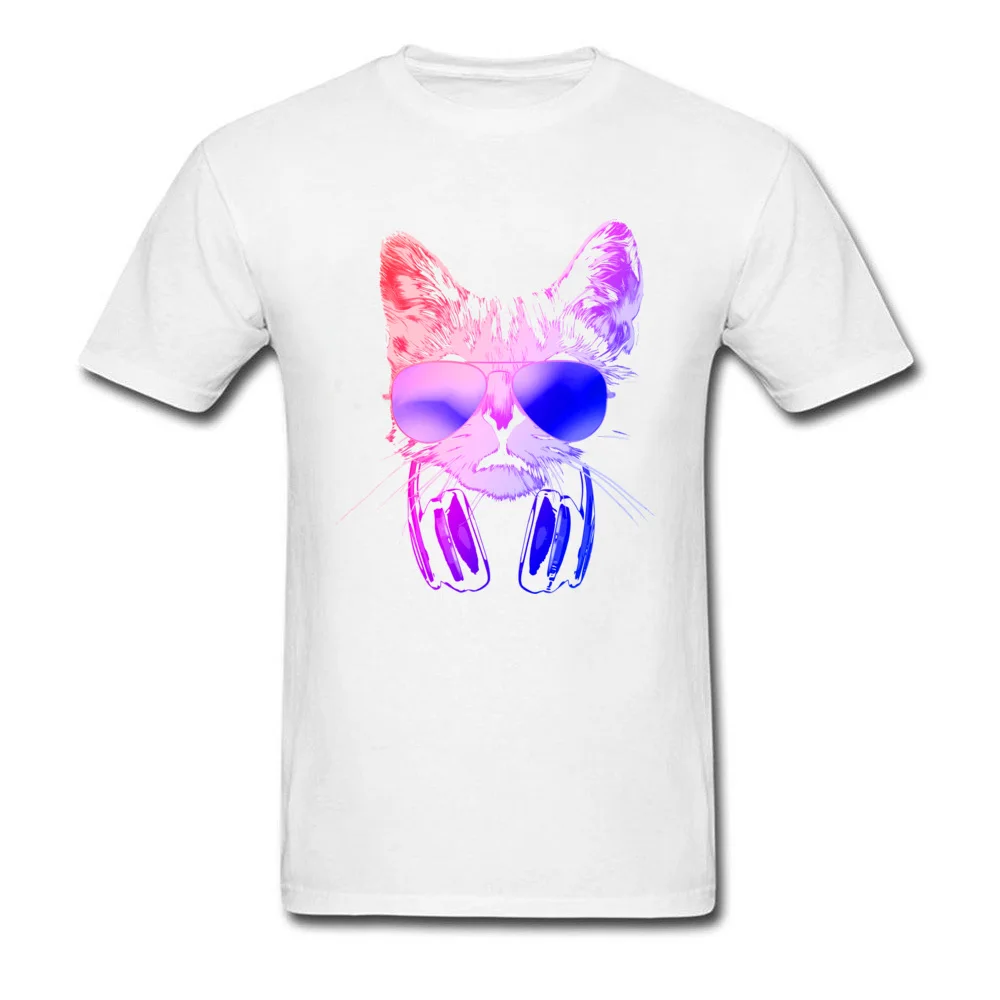 Adult 2018 Tops Shirt Crew Neck Mother Day 100% Cotton Fabric T Shirt Casual Short Sleeve Cool Neon DJ Cat Clothing Shirt Cool Neon DJ Cat white